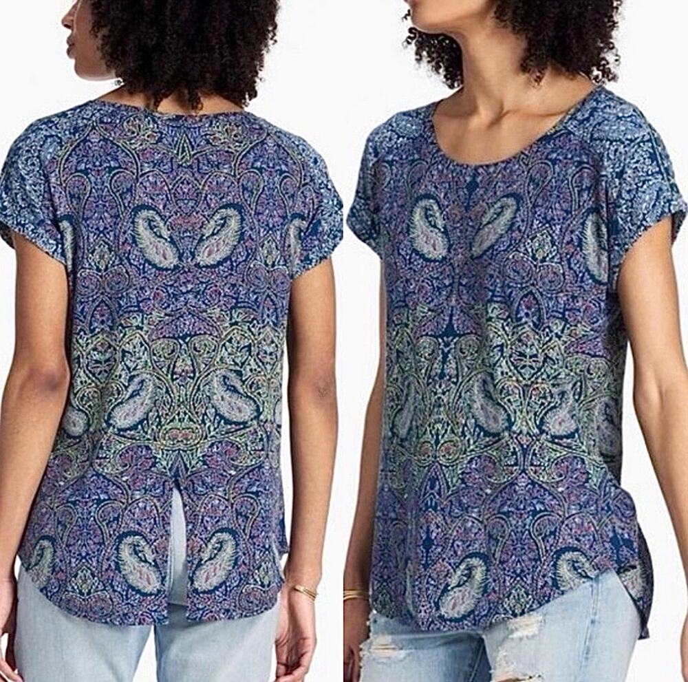 Lucky Brand Blue Purple Green Paisley Scoop Neck Split Back Hem Tee Medium